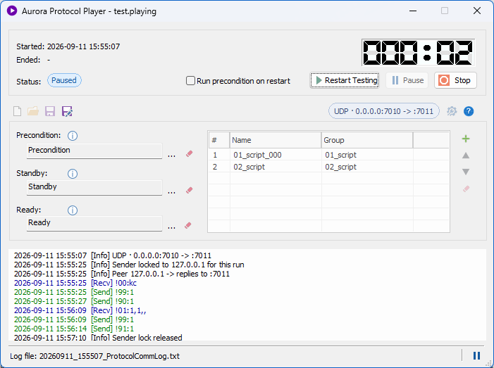 일시정지 상태 화면 — Paused 배지, Restart Testing 버튼, Run precondition on restart 체크박스