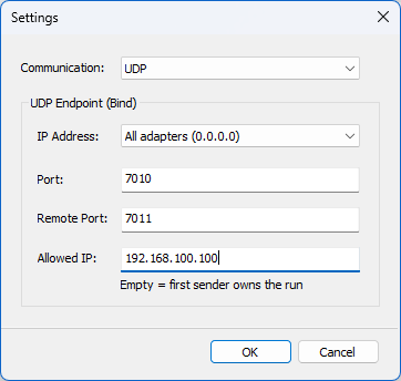 Settings 다이얼로그 - UDP